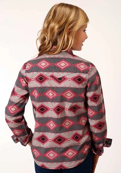 Girl's Roper Red Aztec Print Long Sleeve Western Shirt - Image 3
