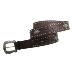 Women's Brown Tooling With Turquoise Stud On Sliver Diamond Concho Belt