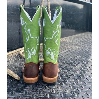Olathe Kids Brown And Green Bucking Horse Boots - Image 4